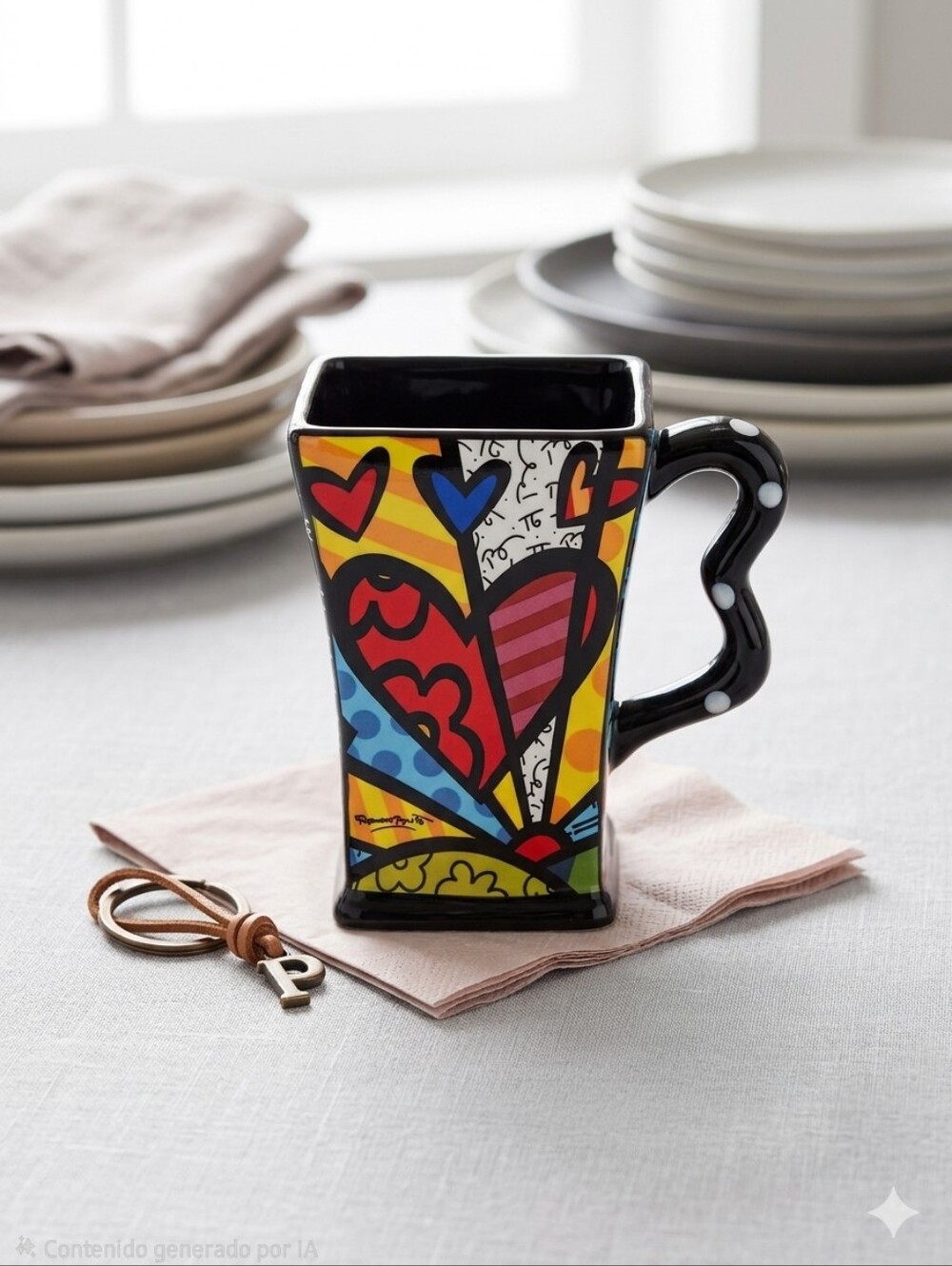 Colorful Heart Ceramic Mug - Romero Britto Style Black Handle
